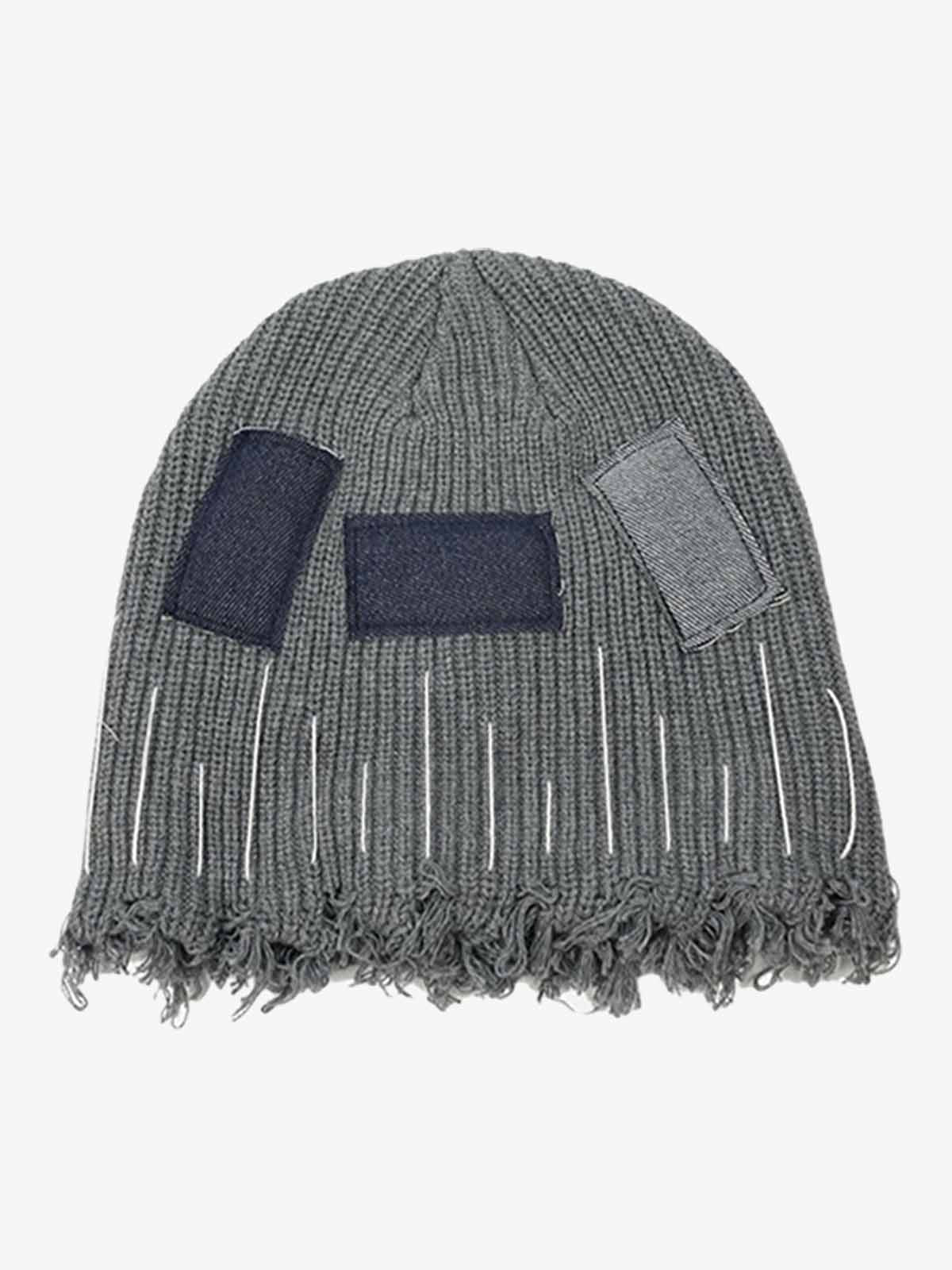 Distressed Denim Patchwork Beanie 