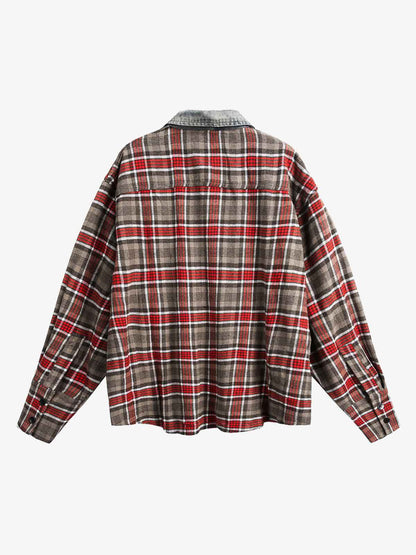 Vintage Plaid Patchwork Denim Panel Shirt 
