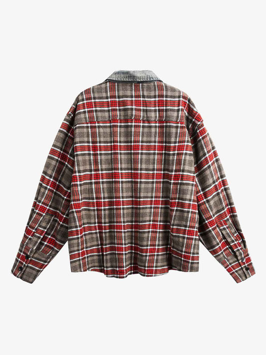 Vintage Plaid Patchwork Denim Panel Shirt 