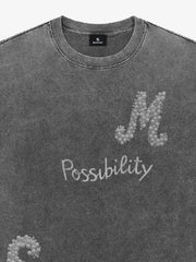 Vintage Washed Pearl Letter Graphic T-Shirt 