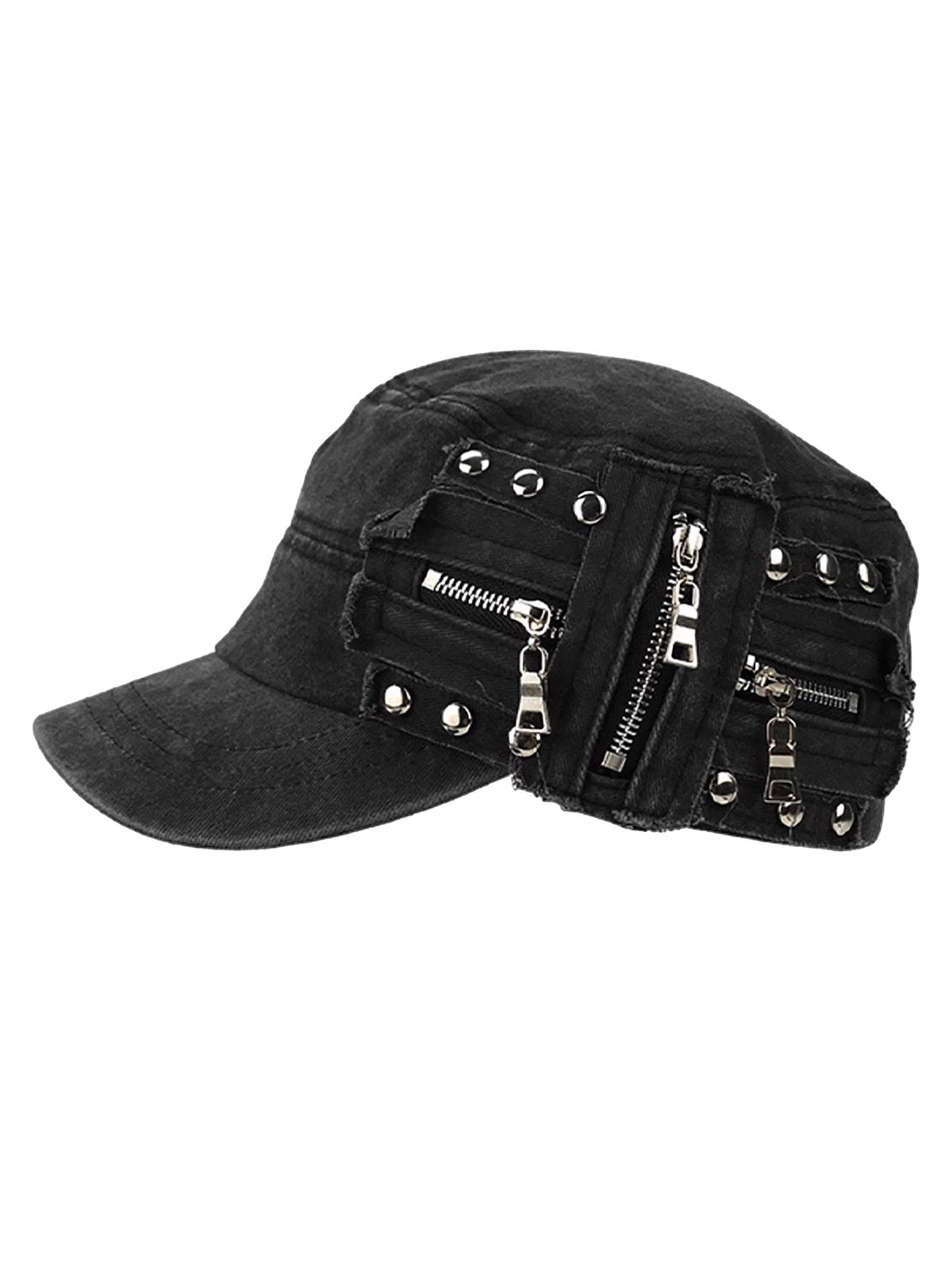 Washed Rivet Zipper Flat Top Cap