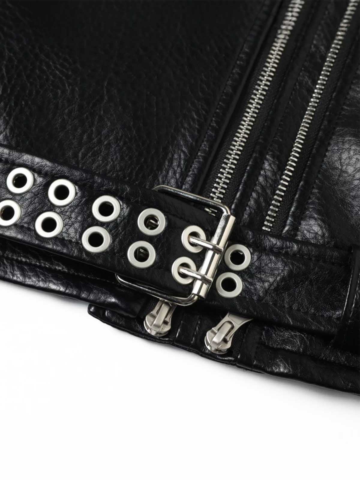 Studded-Belt Asymmetric Zip Faux Leather Biker Jacket