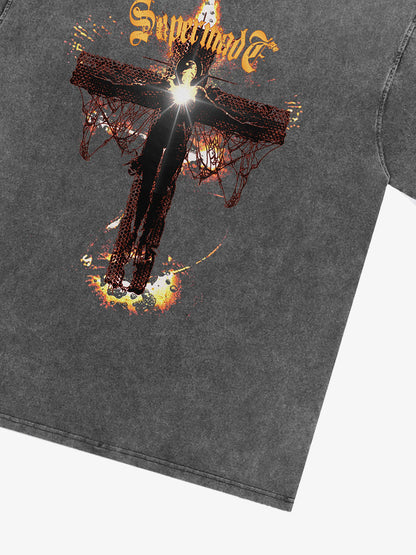 THE SUPERMADE Gothic Flame Cross Graphic T-Shirt for Bold Statement Wear 