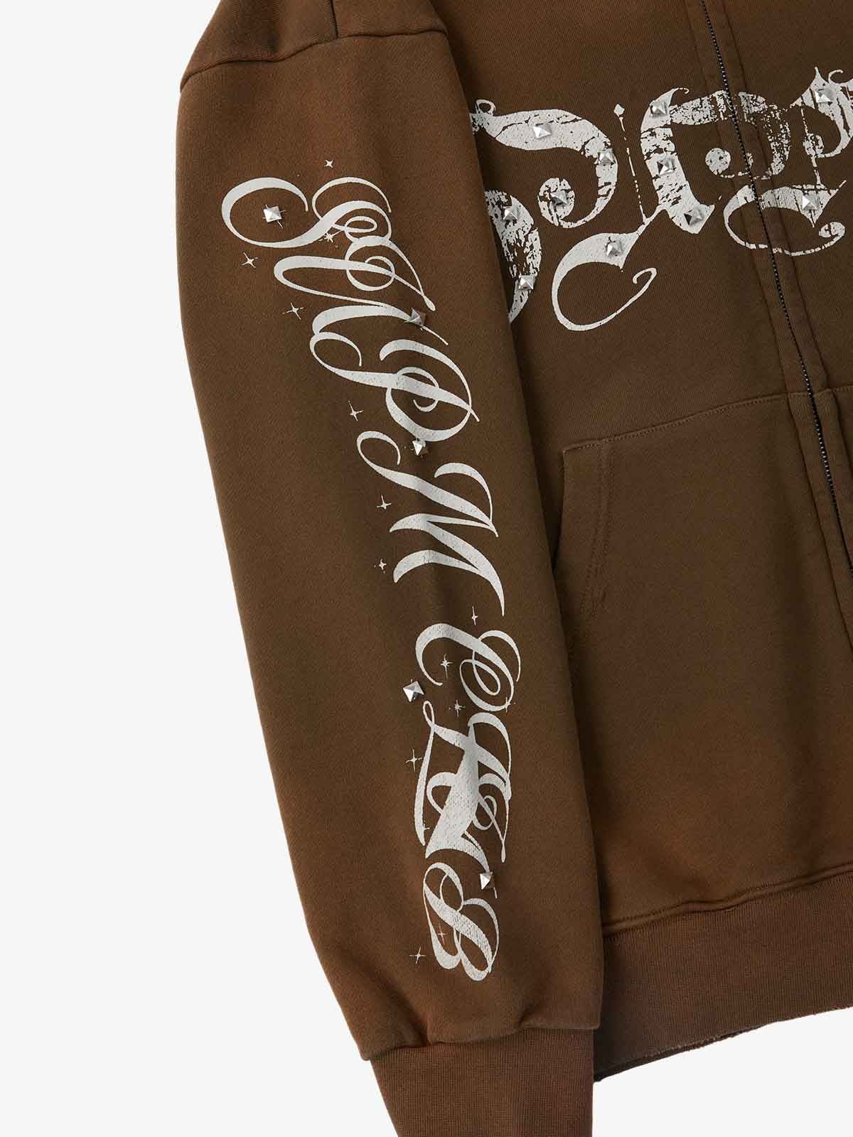 Supermade Vintage Distressed Studded Gothic Font Zipper Sweatshirt 