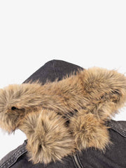 Patchwork Distressed Faux-Fur Collar Denim Jacket