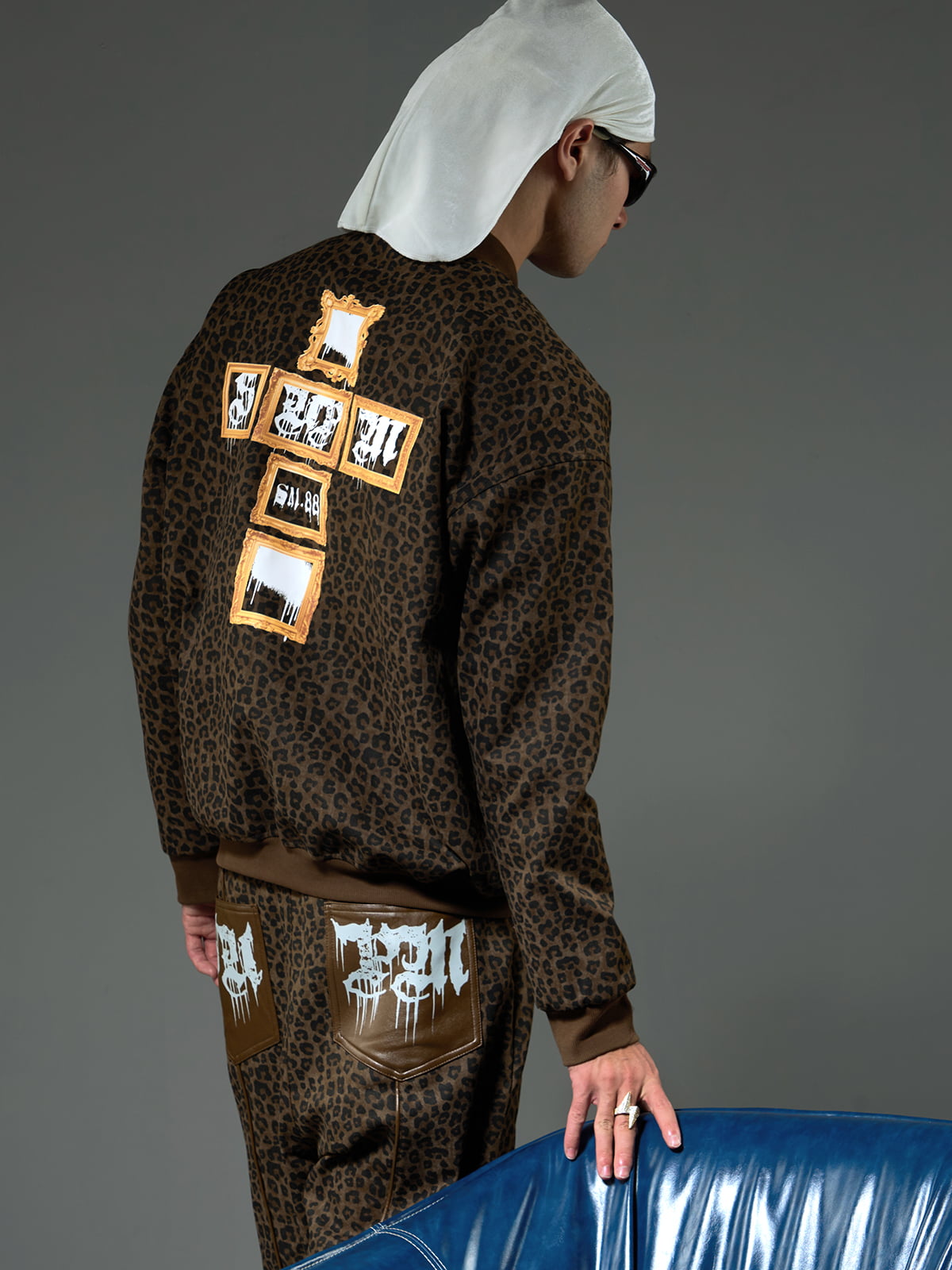 Cross Frame Leopard Print Baseball Jacket 