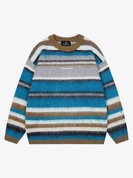 Vintage Fuzzy Striped Color-Block Knit Sweater 