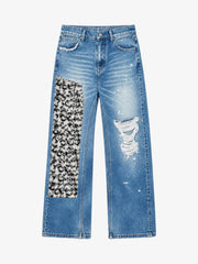 Leopard Knee-Detail Washed Distressed Straight-Leg Jeans