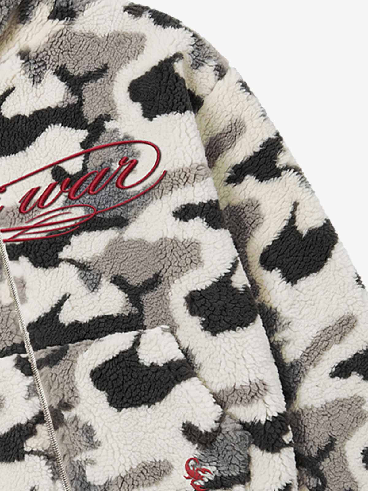 Letter Embroidered Camo Sherpa-Fleece Hooded Padded Jacket