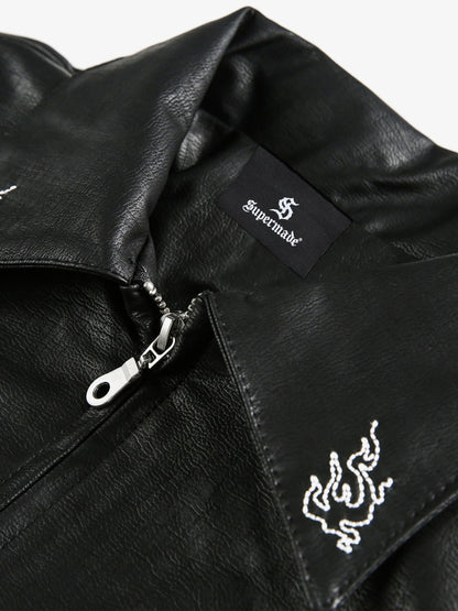 Vintage Embroidered PU Leather Lapel Jacket 