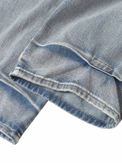 Distressed Washed Whisker Pleated Barrel Jeans 