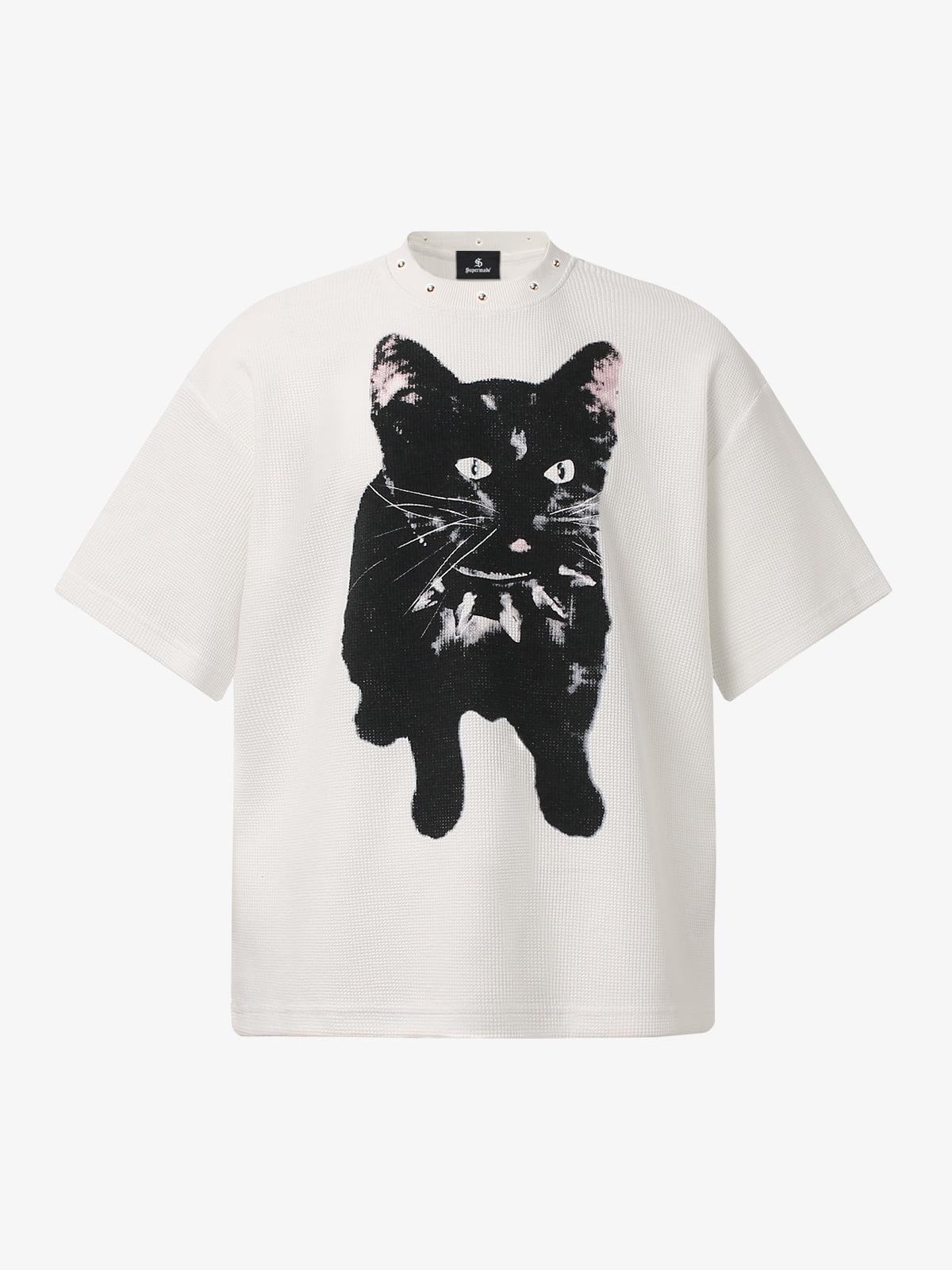Cotton Oversized T-Shirt with Cat Graphic Print and Text Design 