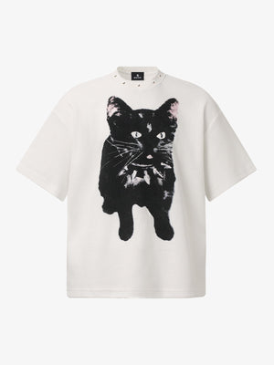 Cotton Oversized T-Shirt with Cat Graphic Print and Text Design 
