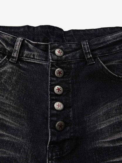 Black Denim Flared Jeans with Button Front High Waist Design 