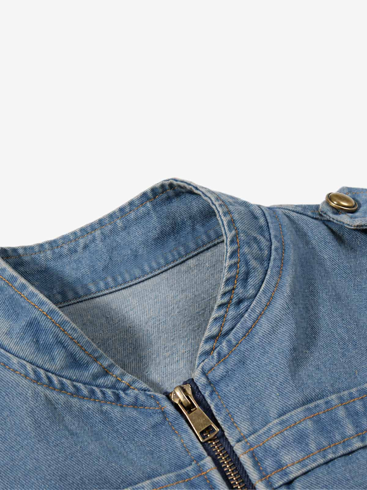 Washed Double-Breasted Stand-Collar Denim Jacket
