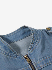 Washed Double-Breasted Stand-Collar Denim Jacket