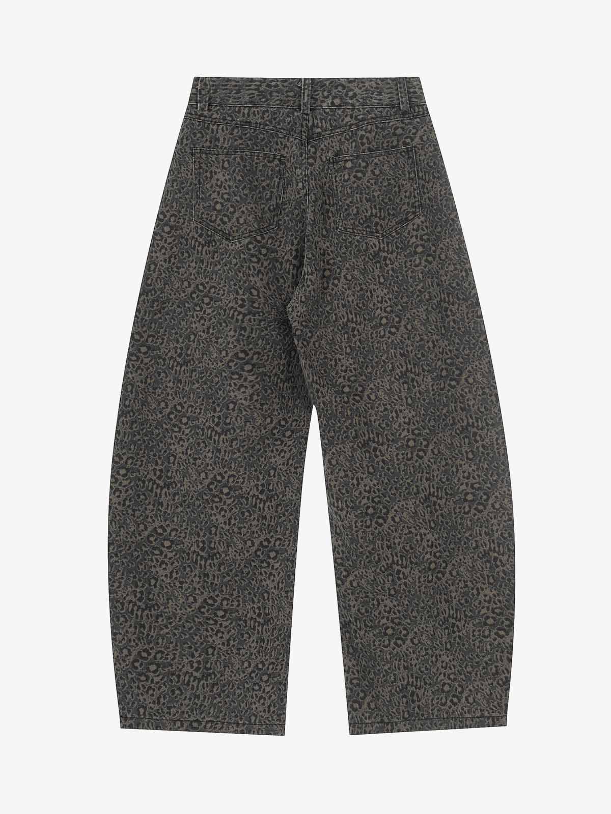 Leopard Pleated Wide Leg Denim Barrel Jeans 