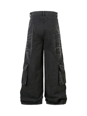 Washed Distressed Multi-Pocket Cargo Jeans 