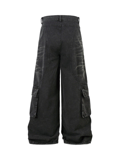 Washed Distressed Multi-Pocket Cargo Jeans 