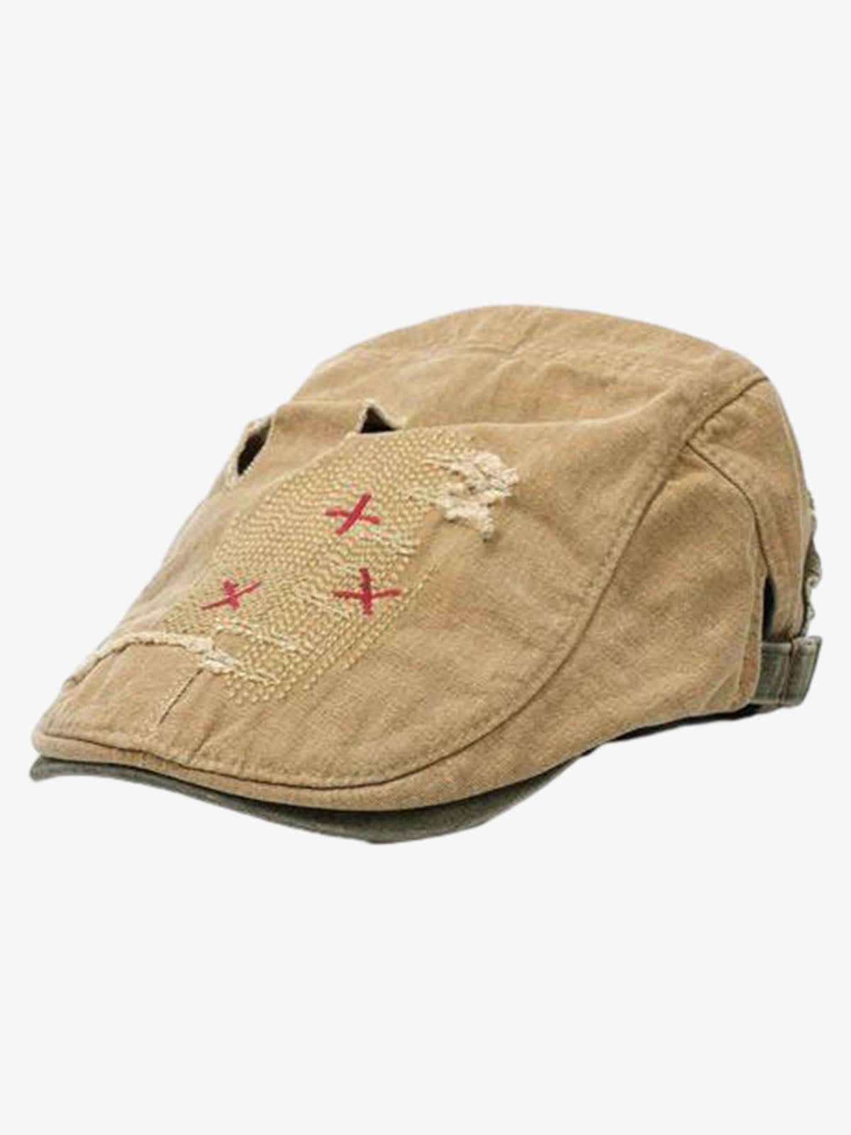 Distressed Patchwork Embroidered Cotton Flat Cap 