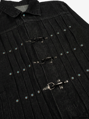 Metal Buckle Pleated Boxy Denim Coat