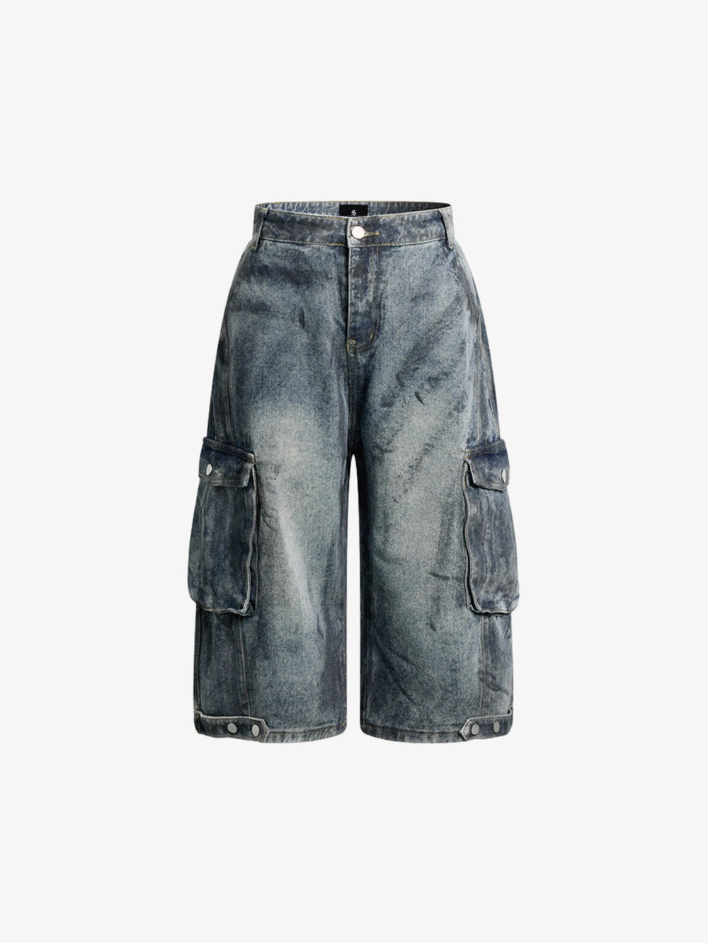 Grunge Wash Cargo Denim Shorts 