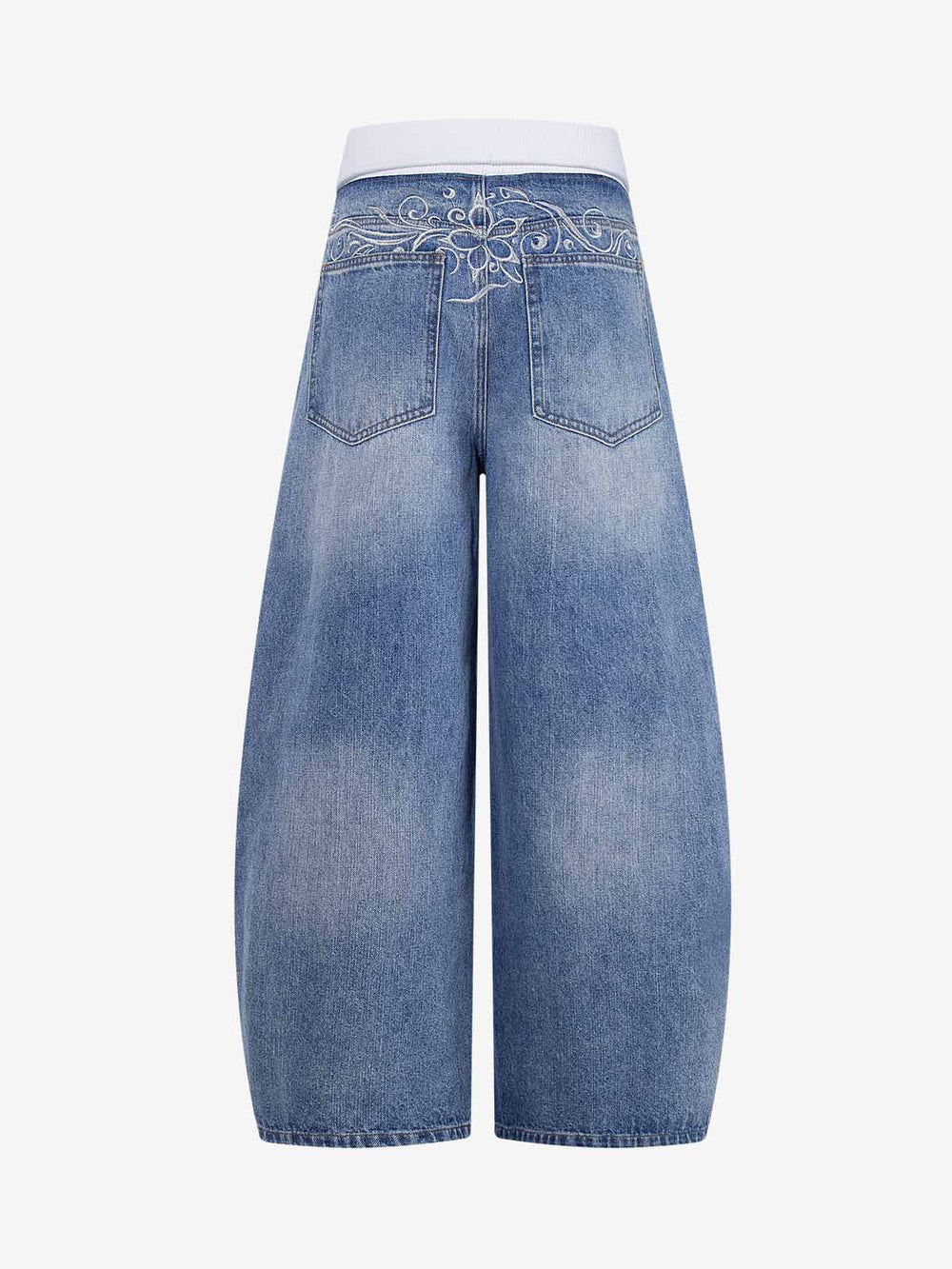 Gerippte Baggy-Jeans mit umgeschlagenem Bund, Blumenstickerei.