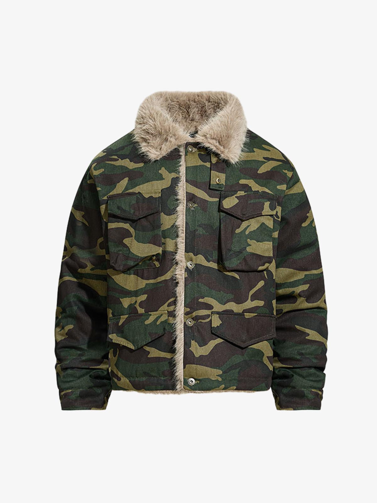 Camouflage Faux Fur Collar Multi-Pocket Utility Jacket 