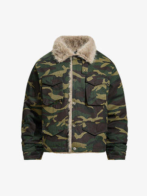 Camouflage Faux Fur Collar Multi-Pocket Utility Jacket 