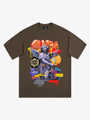 Angel statue and street graffiti mixed pattern T-shirt 