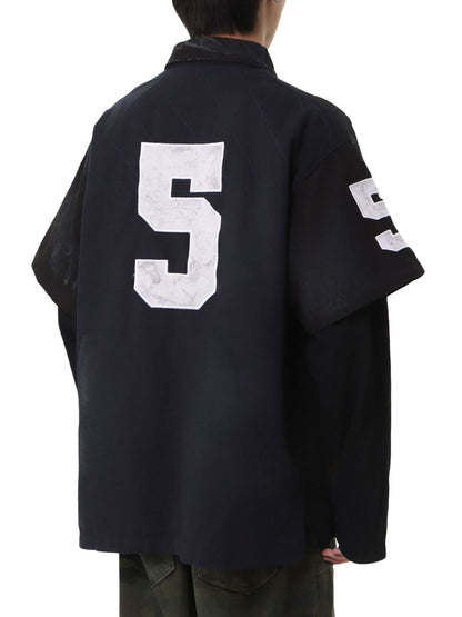 Jersey Faux Two-piece Embroidery Polo Collar Sweatshirt 