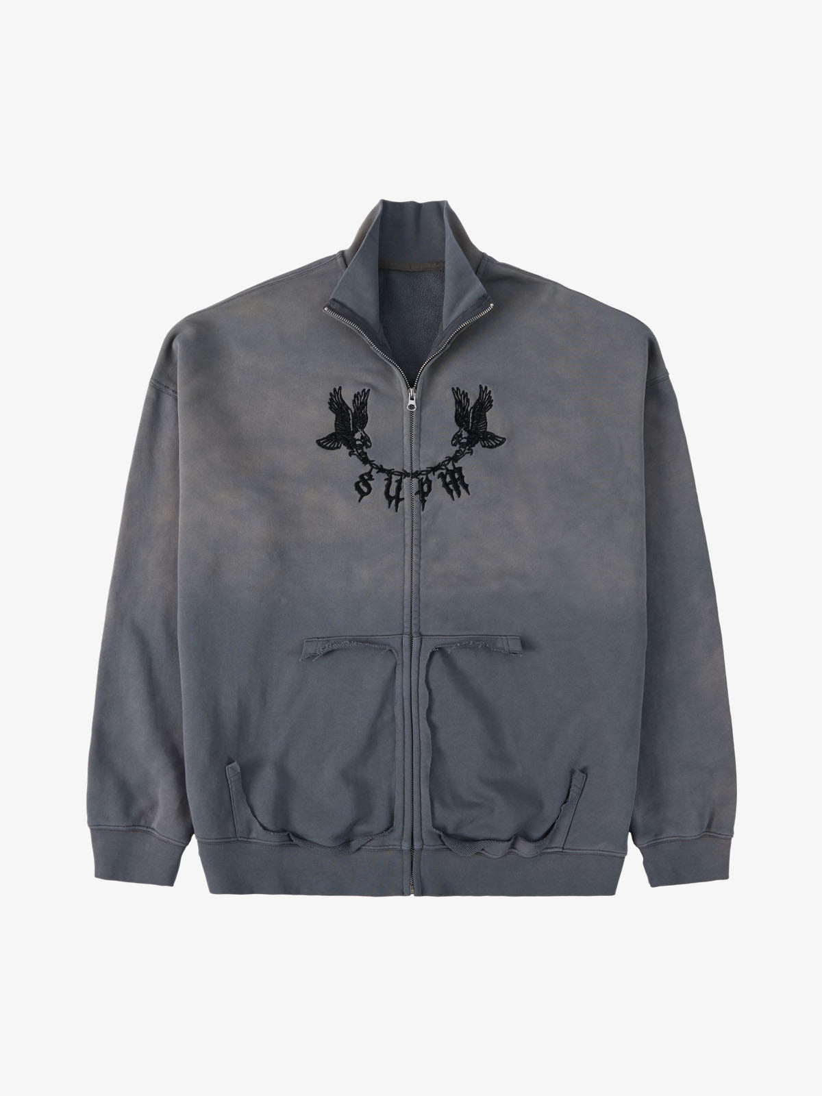 Supermade Gradient Eagle Embroidery Distressed Stand Collar Sweatshirt Jacket 