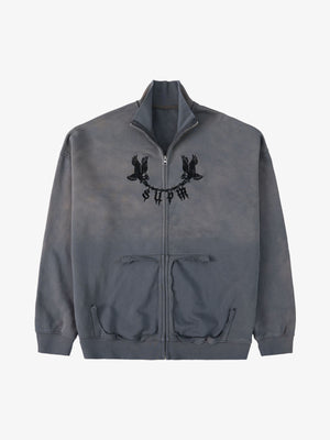 Supermade Gradient Eagle Embroidery Distressed Stand Collar Sweatshirt Jacket 