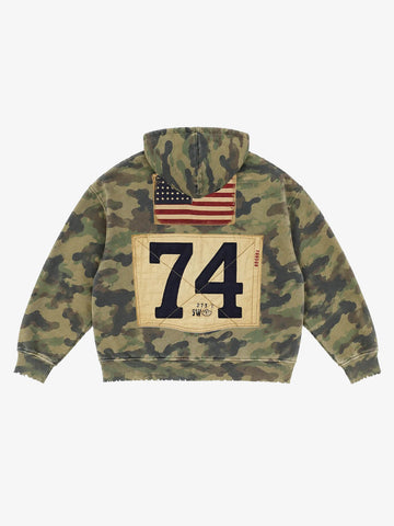 Camo Letter Graphic Distressed Zip-Up Hoodie