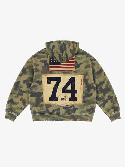 Camo Letter Graphic Distressed Zip-Up Hoodie