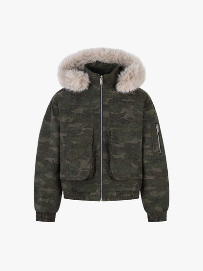 Retro Camo Faux Fur Trim Detachable Hooded Jacket 