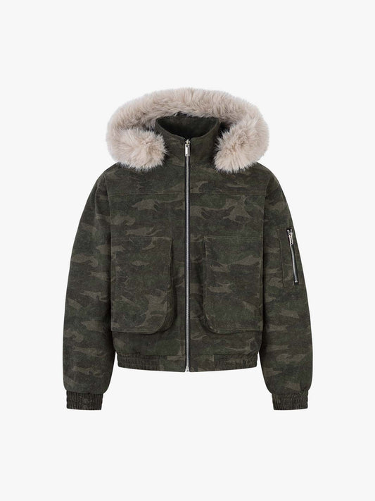 Retro Camo Faux Fur Trim Detachable Hooded Jacket 
