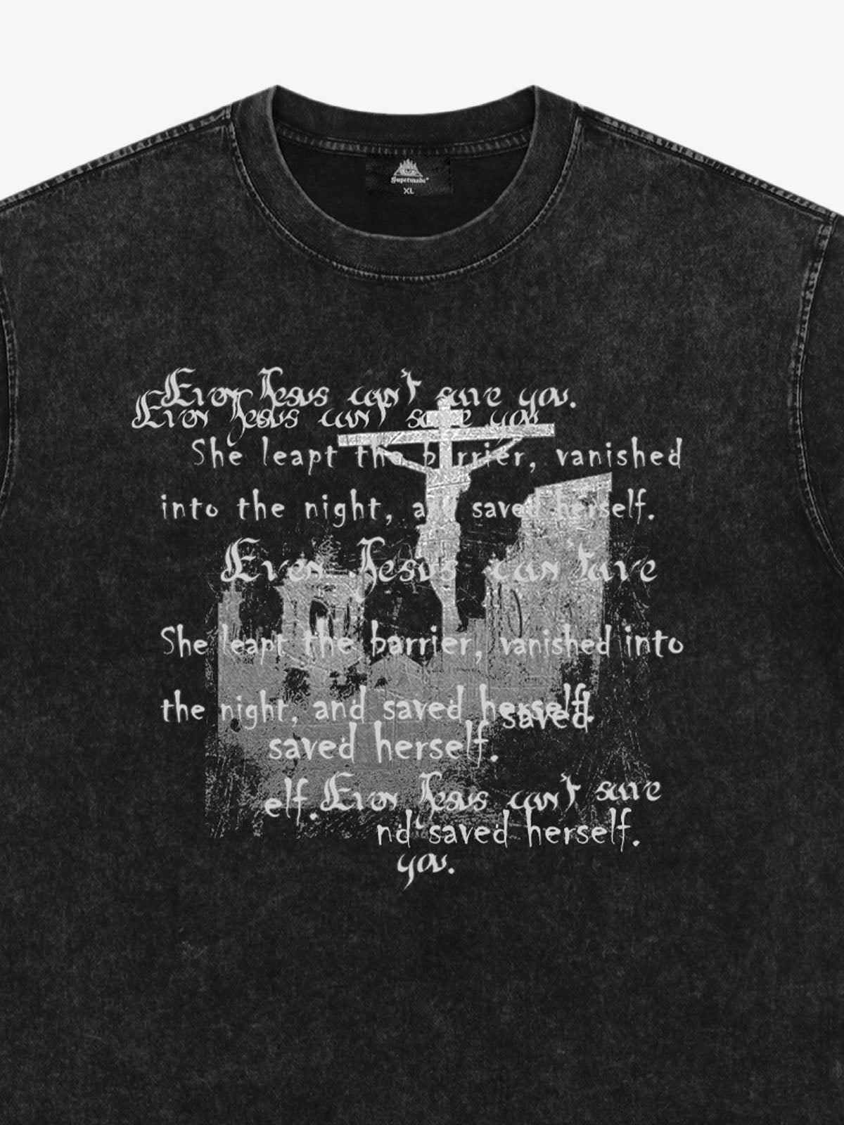 Washed Cross Overlay Text Graphic T-Shirt 