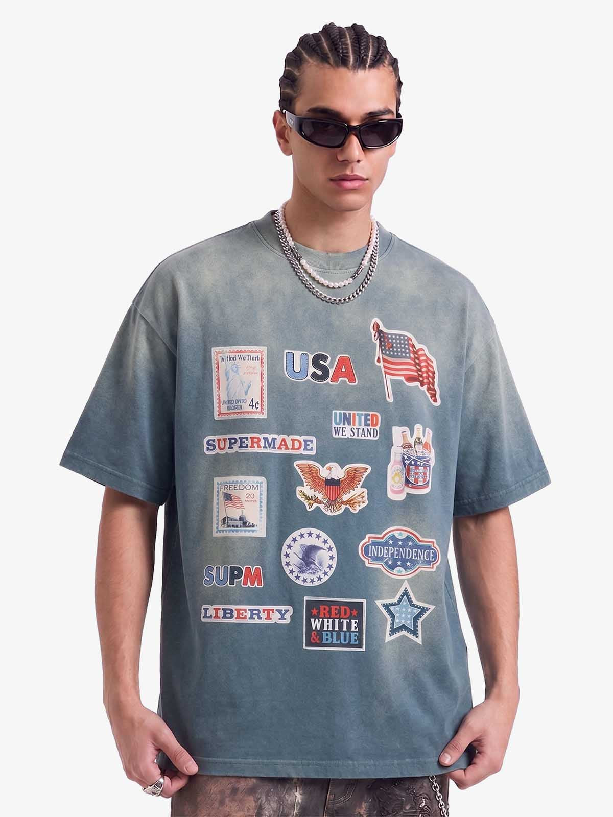 Washed Vintage Sticker Print T-Shirt 