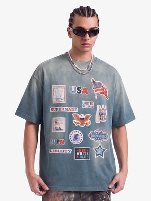 Washed Vintage Sticker Print T-Shirt 
