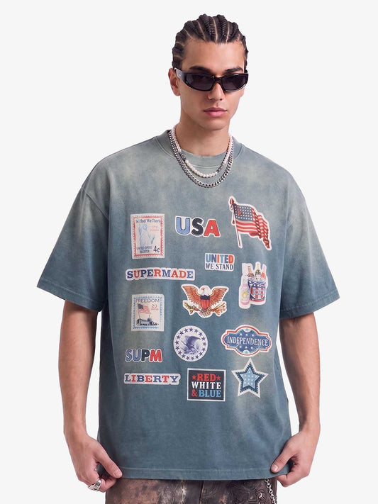 T-shirt vintage délavé à imprimé autocollant