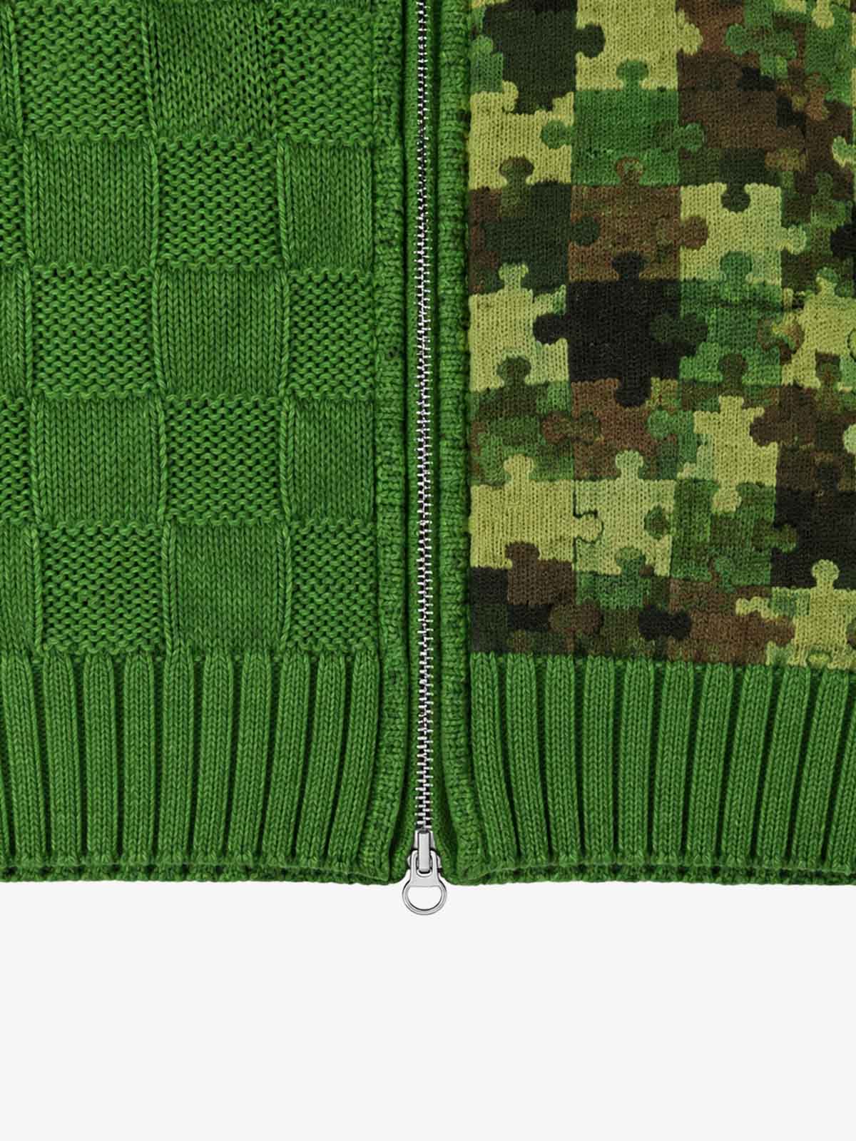Camo Patchwork Cropped Zip Knit Sweater; Green / S, Green / M, Green / L, Green / XL, Green / 2XL