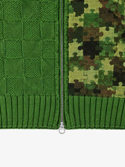 Camo Patchwork Cropped Zip Knit Sweater; Green / S, Green / M, Green / L, Green / XL, Green / 2XL