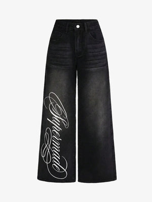 Script Letter Graphic Washed Jeans
