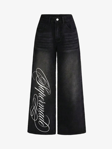 Script Letter Graphic Washed Jeans