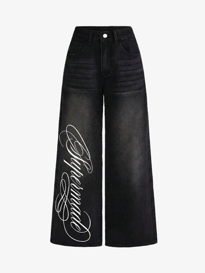 Script Letter Graphic Washed Jeans