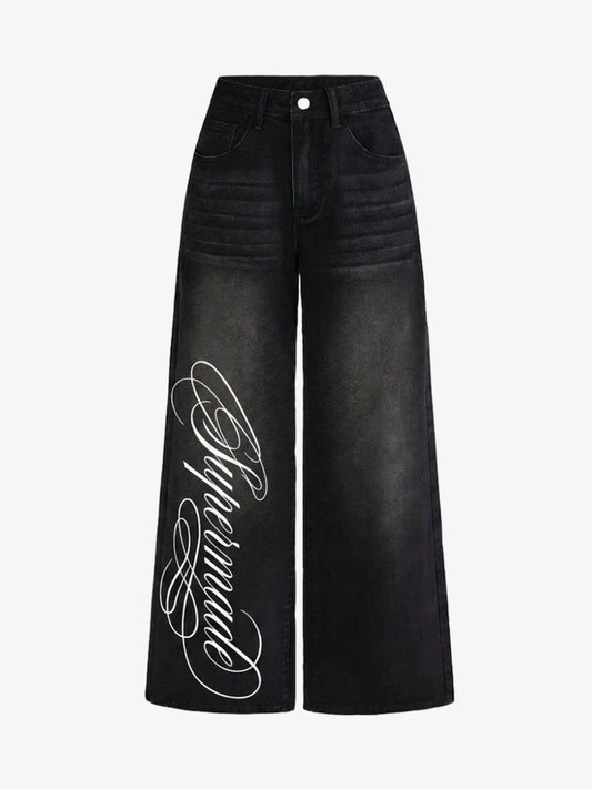 Script Letter Graphic Washed Jeans