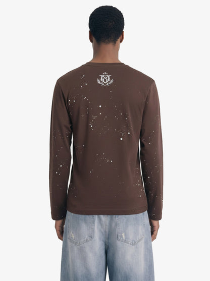 Cotton Washed Slim Fit Long-Sleeve T-Shirt with Splatter Graphic Print and Gothic 3D stereoscopic silicone printing Logo Design 