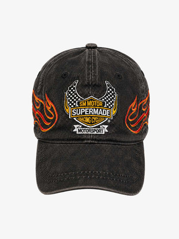 Flame Embroidered Distressed-Wash Baseball Cap