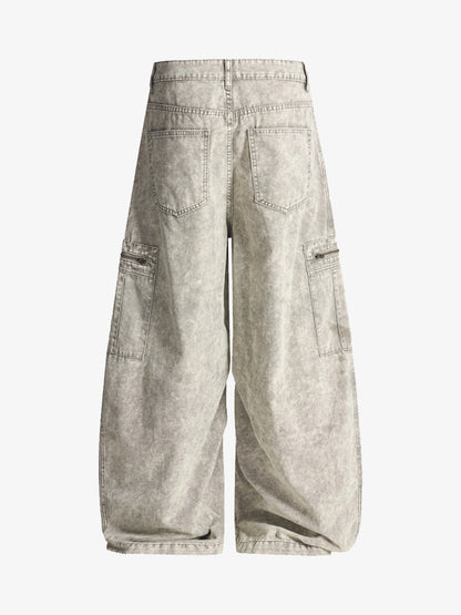 Vintage Acid-Washed Multi-Pocket Wide-Leg Cargo Barrel Jeans 